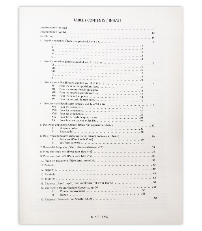 Table of contents of the book Leo Brouwer en Dix-neuf Morceaux pour Guitare