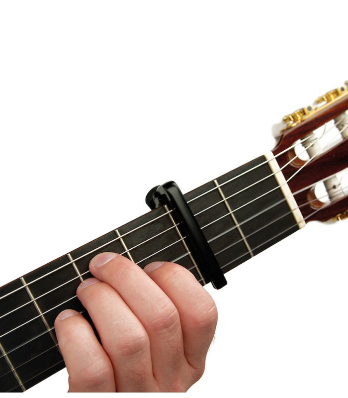 Capo D'Addario model NS Classical Capo Lite fon the 2nd fret of a classical guitar