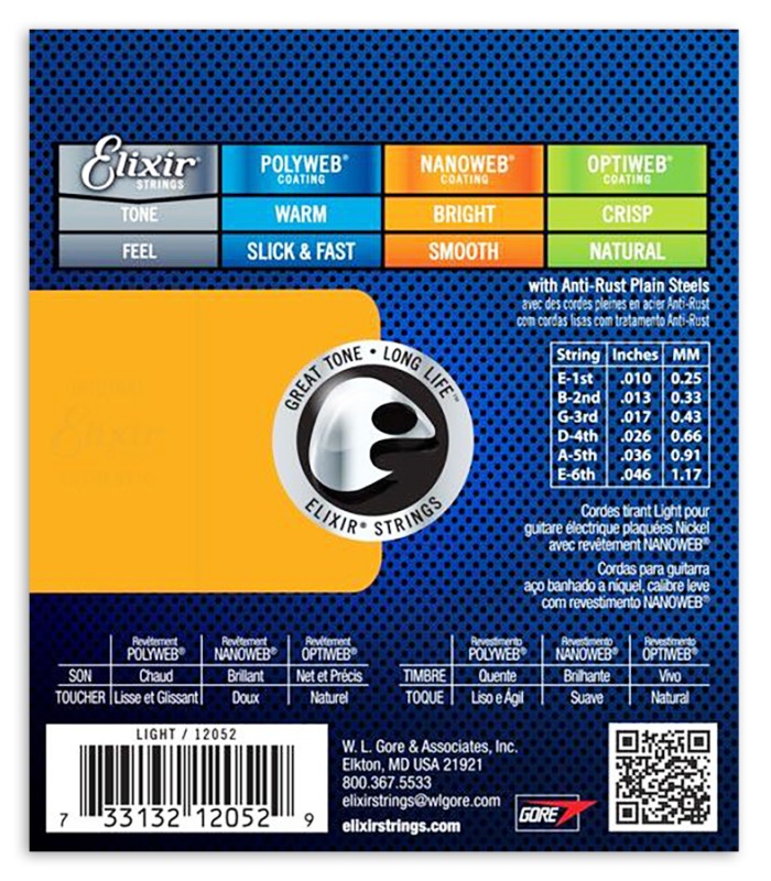 Contraportada del juego de cuerdas Elixir modelo 12027 Custom Light 9 46 para guitarra eléctrica