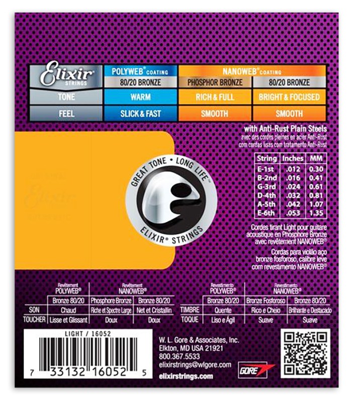 Contracapa da embalagem do jogo de cordas Elixir modelo 16052 de calibres .012 - .053 para guitarra acústica