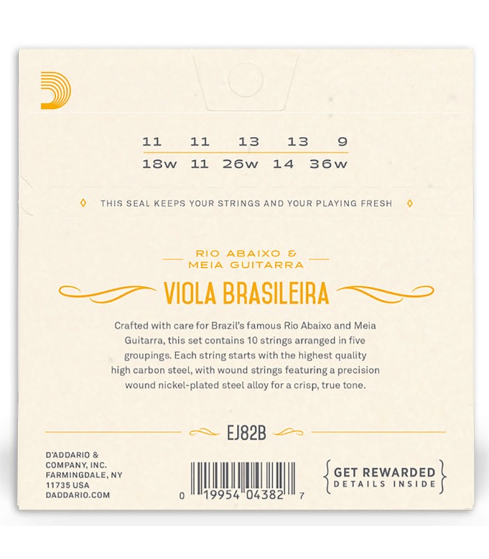 Package backcover of the string set D'Addario model EJ82B for viola caipira