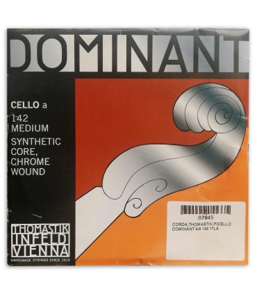 Capa da embalagem da 1ª corda Lá Thomastik Dominant modelo 142 para violoncelo de tamanho 4/4
