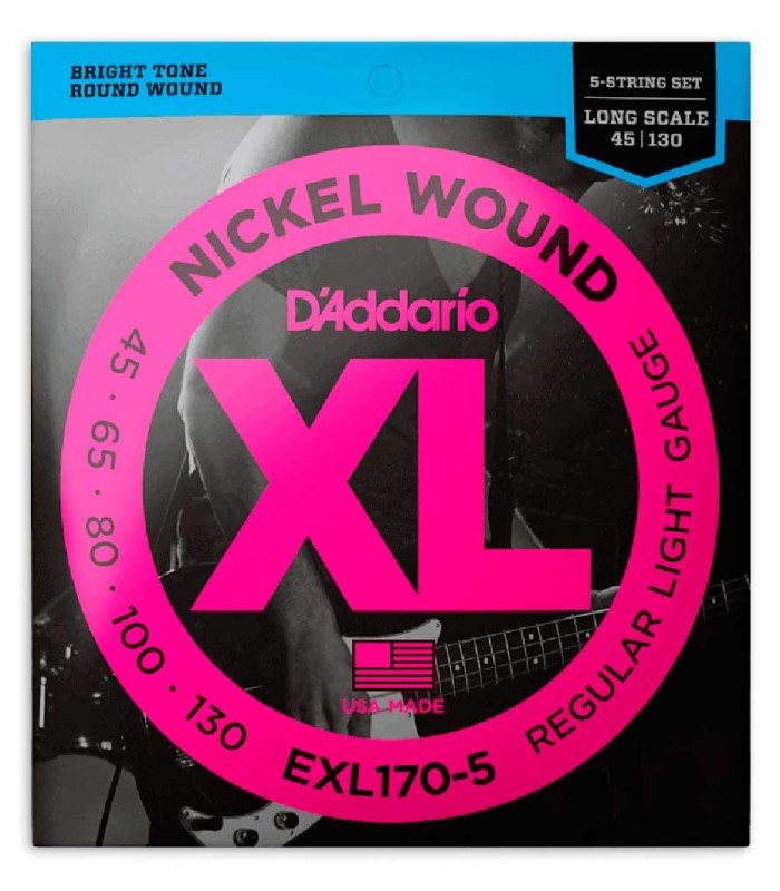 Package cover of the string set DAddario model EXL170 5 45 130 gauges  for 5 string bass