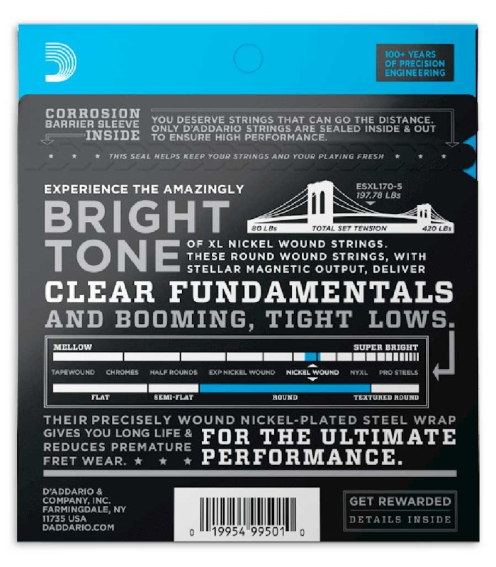 Contracapa do jogo de cordas DAddario modelo EXL170 5 45 130