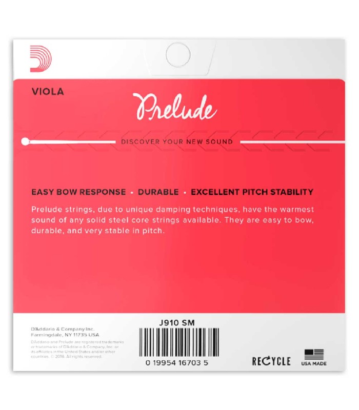 Package backcover of the string set D'Addario model Prelude J910SM for viola 14" or 15"
