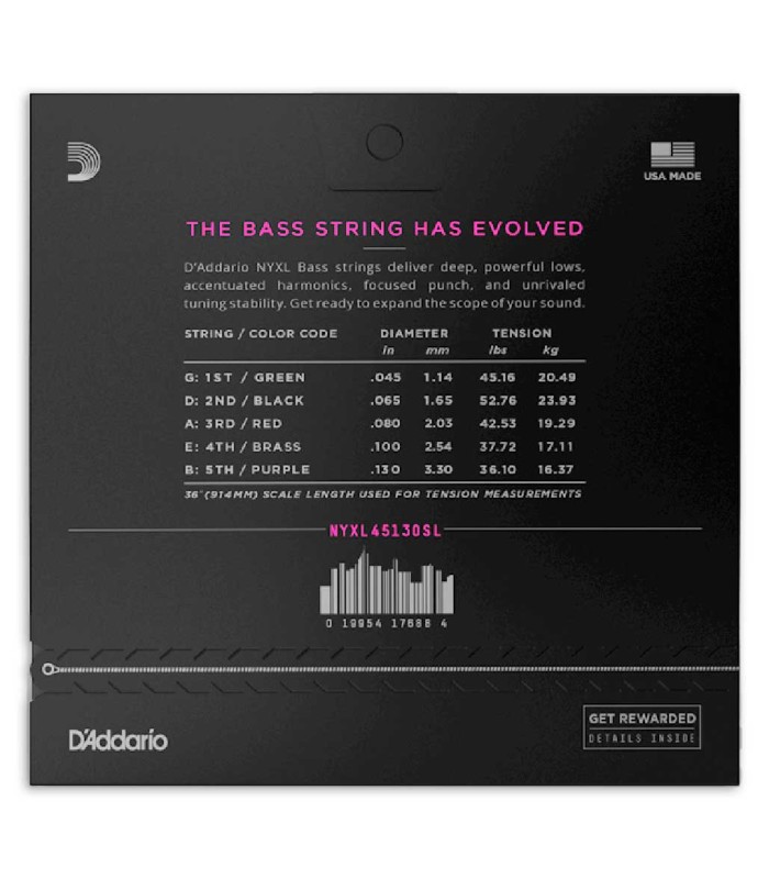 Package backcover of the string set DAddario model NYXL45130 45 130 for 5 string bass