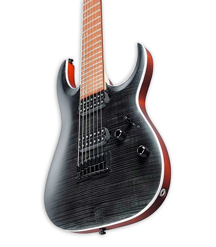 Detail of the body and the Quantum 7 pickups of the electric guitar Ibanez model RGA742FM TGF