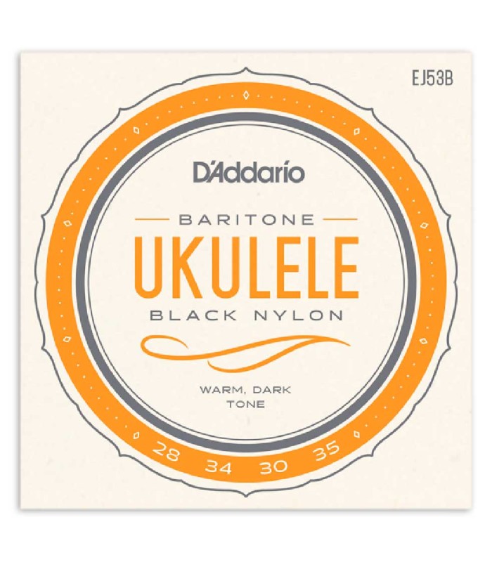 Package cover of the string set DAddario model EJ53B in black nylon for baritone ukulele