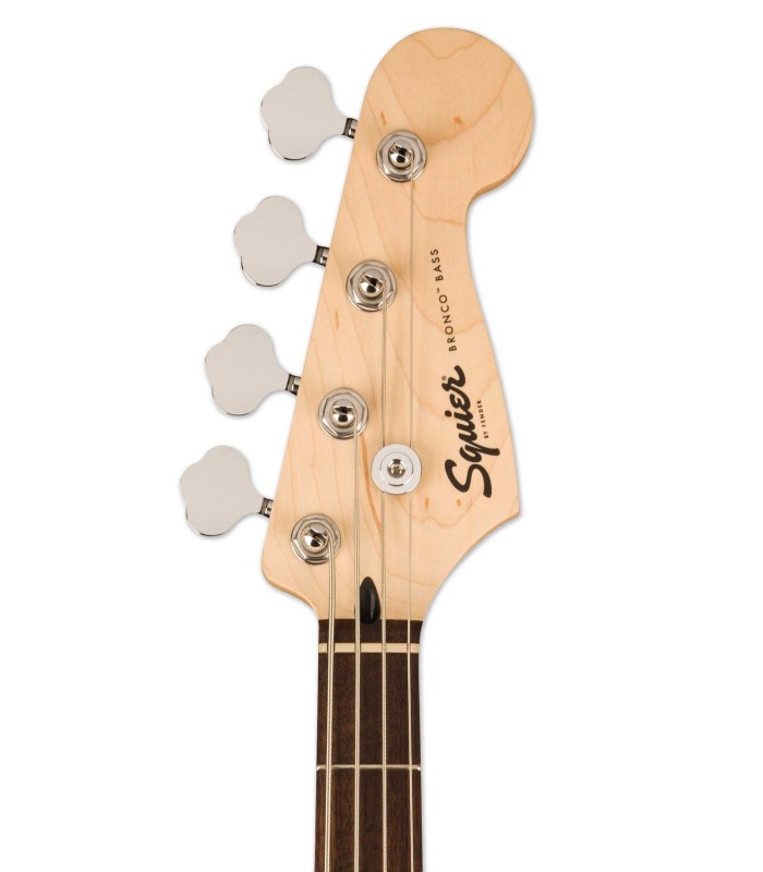 Cabeça e braço em maple (bordo), escala em loureiro da guitarra baixo Fender modelo Squier Bronco Bass Short Scale LRL Black