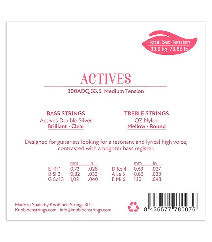 Package backcover of the string set Knobloch 300ADQ Actives QZ Double Silver