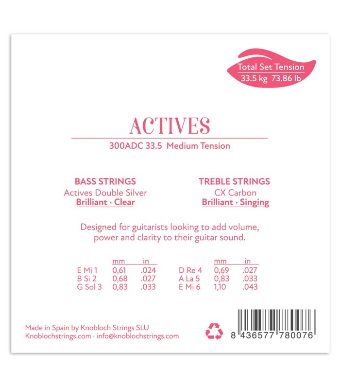 Package backcover of the string set Knobloch 300ADC Actives CX Double Silver Carbon