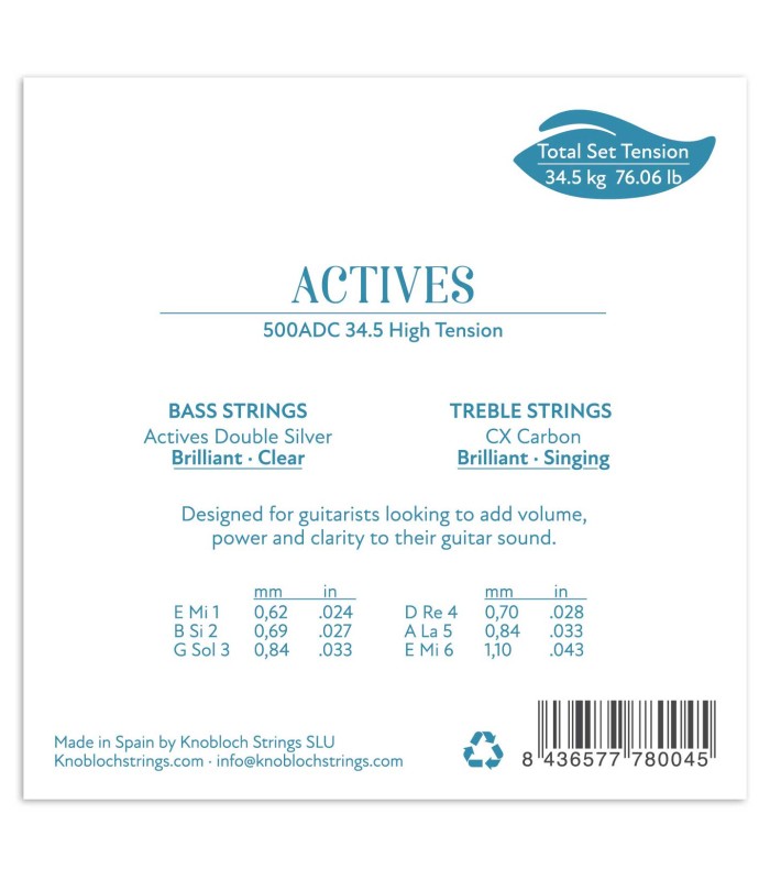 Package backcover of the string set Knobloch 500ADC Actives CX Double Silver Carbon