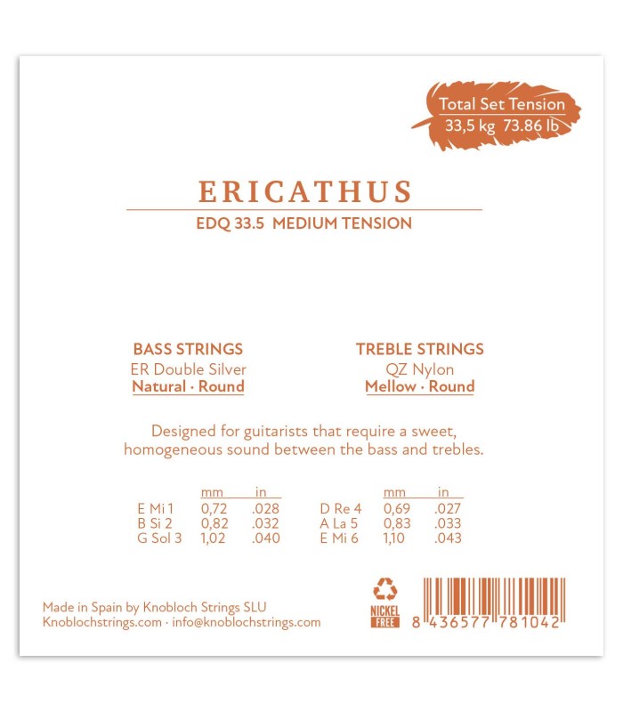 Package backcover of the string set Knobloch EDQ 33.5 Erithacus QZ Double Silver Nylon