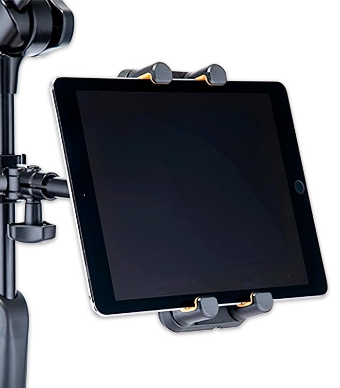 Tablet holder Hercules model DG307B mounted on a microphone stand and with a tablet