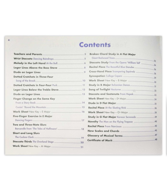 Indice del libro Thompson Easiest Piano Course 4 nueva edición con audio en línea