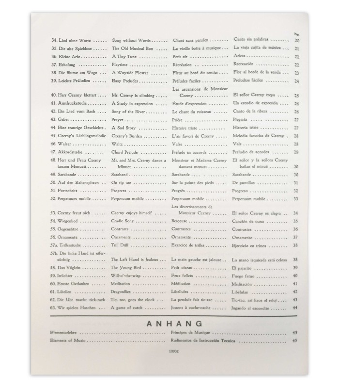 Second page of the table of contents of the book Czerny New Czerny EP