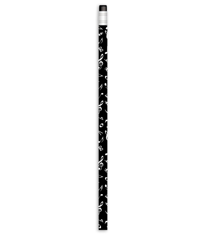 Lápis Agifty modelo B1087 con padrão de notas musicais brancas sobre fundo preto