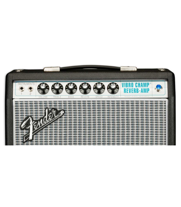 Painel de controlos do amplificador Fender modelo 68 Vibro Champ Reverb de 5W