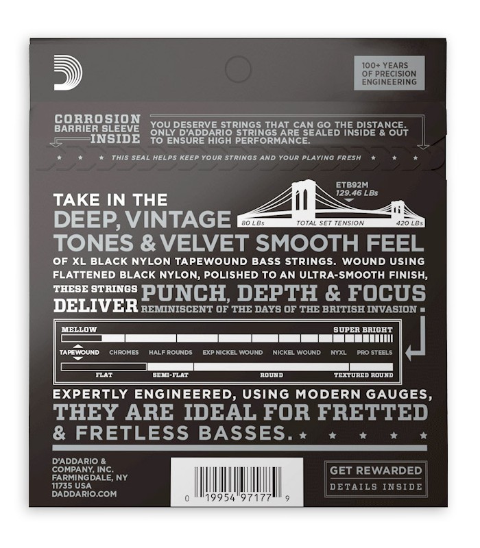 Contraportada del juego de cuerdas DAddario modelo ETB29M Black Nylon Tapewound