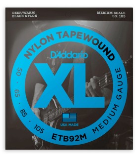 Portada del juego de cuerdas DAddario modelo ETB29M Black Nylon Tapewound 50 105 Medium Scale para guitarra bajo eléctrico