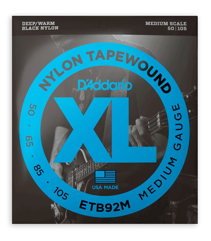 Package cover of the string set DAddario model ETB29M Black Nylon Tapewound 50 105 Medium Scale for eletric bass