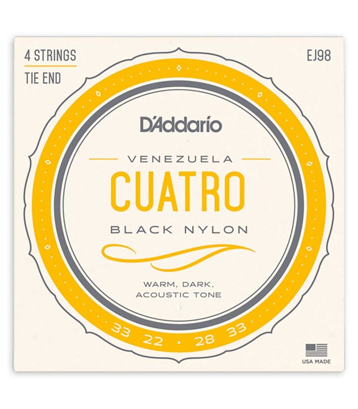 Capa da embalagem do jogo de cordas DAddario modelo EJ98 em Black Nylon (nylon preto) para cuatro Venezuelano