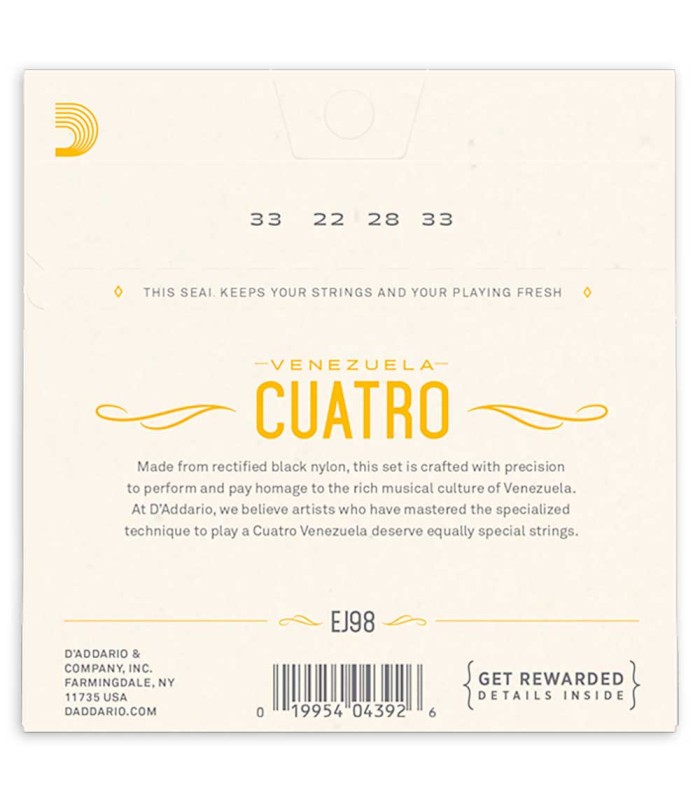 Contraportada del embalaje del juego de cuerdas DAddario modelo EJ98