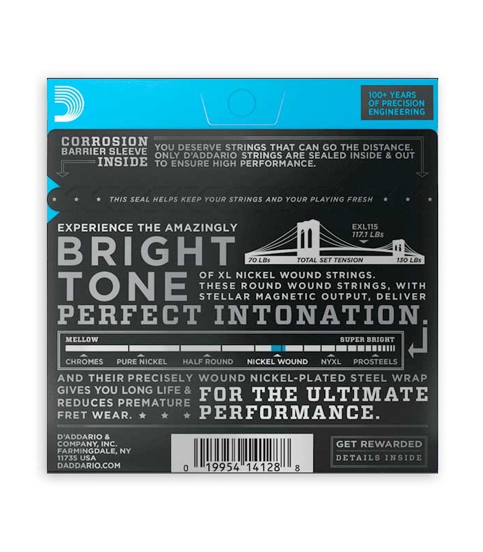 Contraportada del juego de cuerdas DAddario modelo EXL115 de calibres 011 049 para guitarra eléctrica