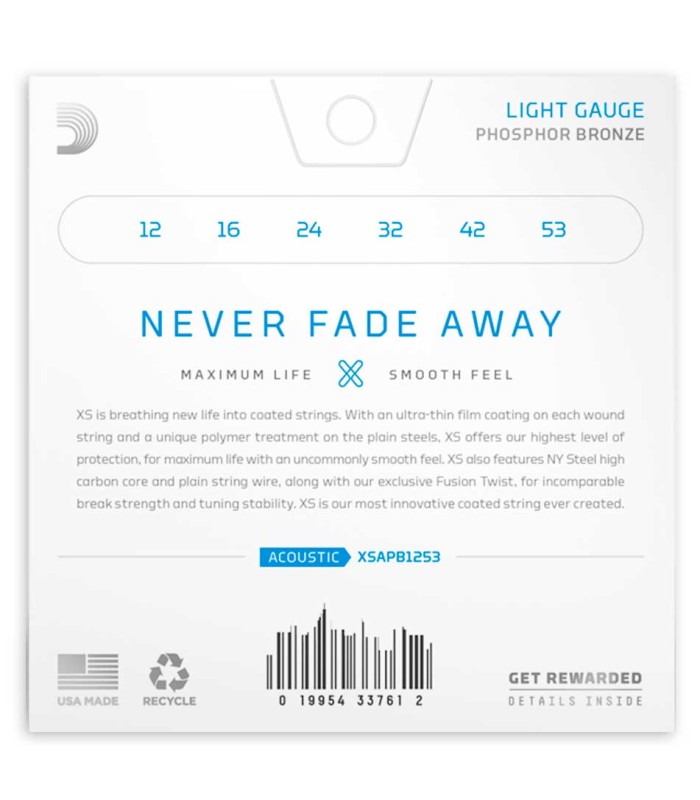 Contraportada del embalaje del juego de cuerdas DAddario modelo XSAPB1253 Phosphor Bronze