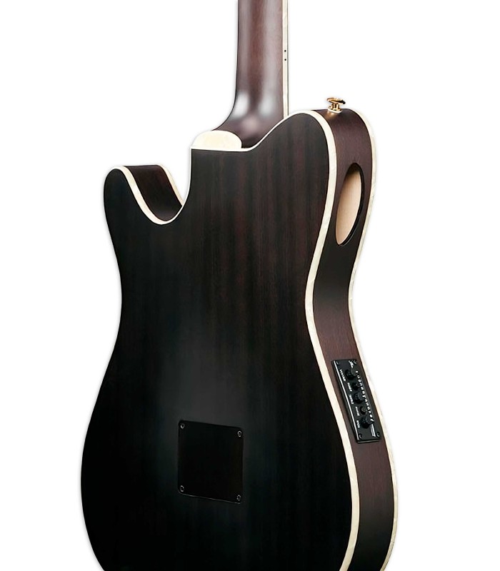 Detalhe da boca lateral e do preamp da guitarra eletroacústica Ibanez modelo TOD10N TKF Tim Henson Signature