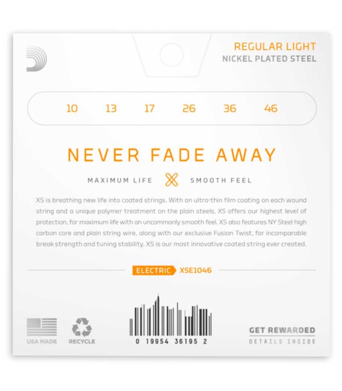 Package backcover of the string set DAddario model XSE1046 for electric guitar