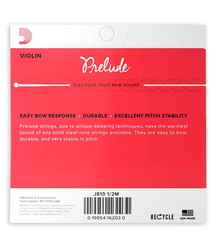 Package backcover of the string set DAddario model J810 Prelude for 1/2 size violin