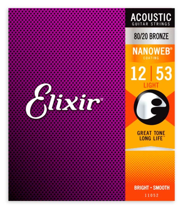 Portada del juego de cuerdas Elixir modelo 11052 Bronze Nanoweb Light de calibres 012 053 para guitarra acústica