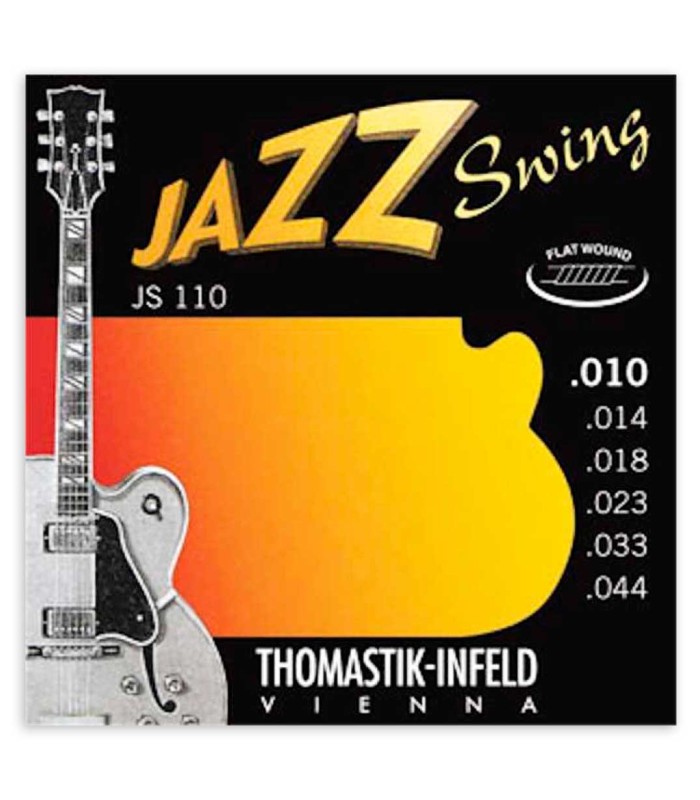 Package cover of the string set Thomastik model JS 110 Jazz Swing of 010 gauge for electric guitar
