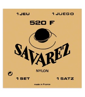Package cover of the string set Savarez model 520F in nylon and with wound G string and high tension for classical guitar