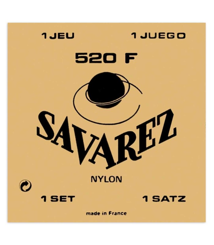Capa do jogo de cordas Savarez modelo 520F em nylon com Sol bordão e tensão alta para guitarra clássica