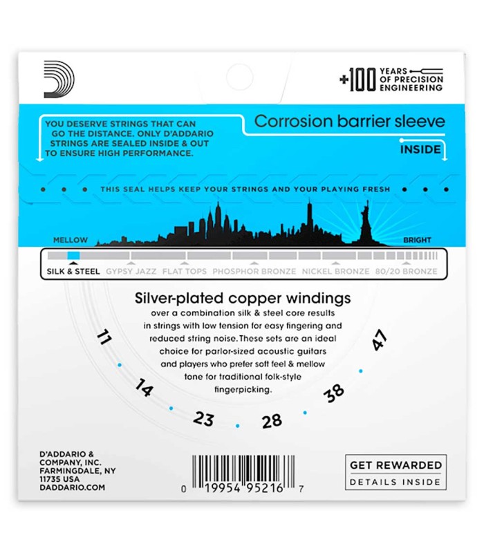 Package backcover of the string set DAddario model EJ40 Silk Steel of 011 gauge