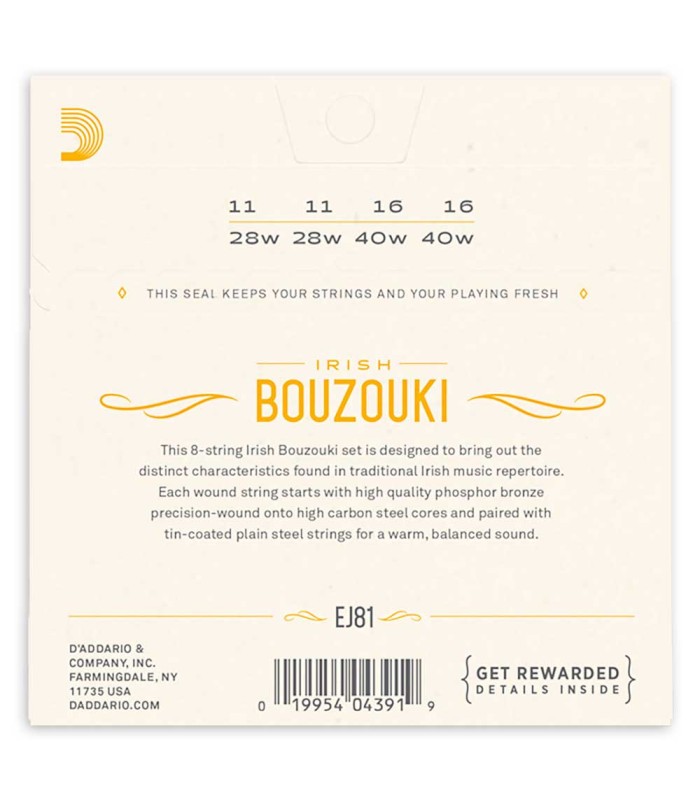 Contraportada del juego de cuerdas DAddario modelo EJ81 para bouzouki irlandés