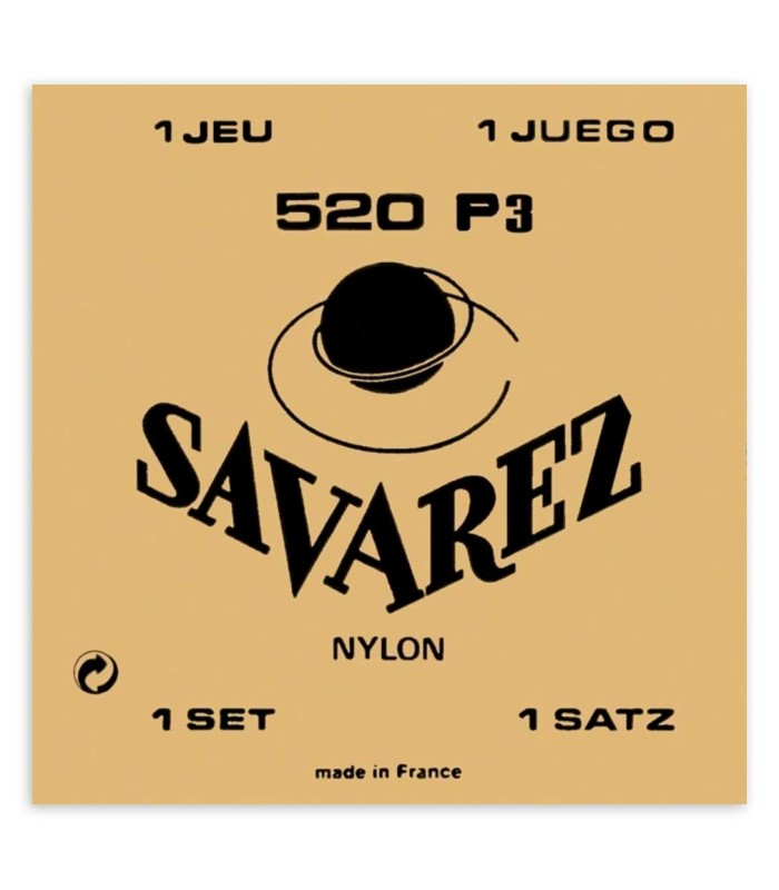 Capa do jogo de cordas Savarez modelo 520 P3 de tensão alta com 3ª corda Sol bordão para guitarra clássica