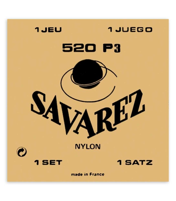 Package cover of the string set Savarez model 520 P3 high tension with 3rd G wound for classical guitar