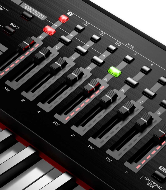 Detalhe de mais controlos do piano digital Roland modelo RD 2000 stage piano