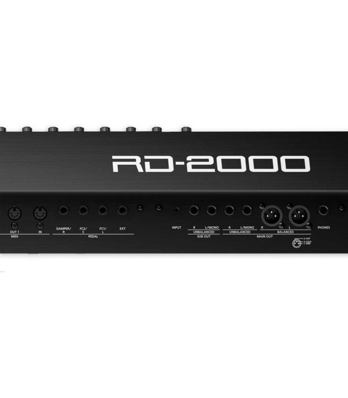 Detalle de las entradas y salidas del piano digital Roland modelo RD 2000 Stage Piano