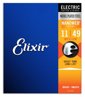 Capa da embalagem do jogo de cordas Elixir modelo 12102 Medium de calibre 11 a 49 para guitarra elétrica