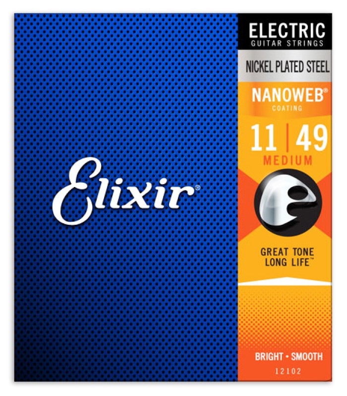 Portada del embalaje del juego de cuerdas Elixir modelo 12102 Medium de calibre 11 a 49 para guitarra eléctrica