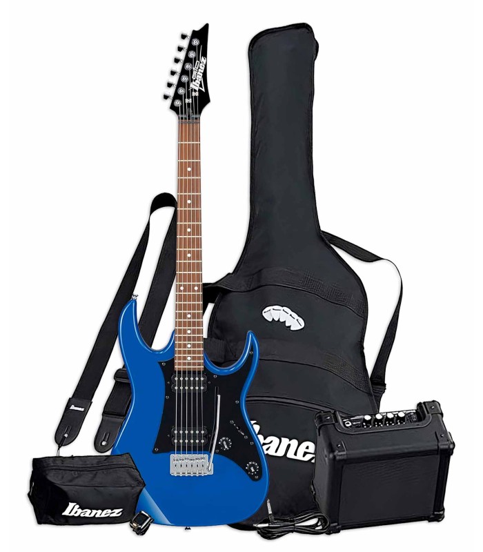 Pack Ibanez modelo Jumpstart IJRX20 BL con una guitarra eléctrica, funda, púas, correa, amplificador y afinador