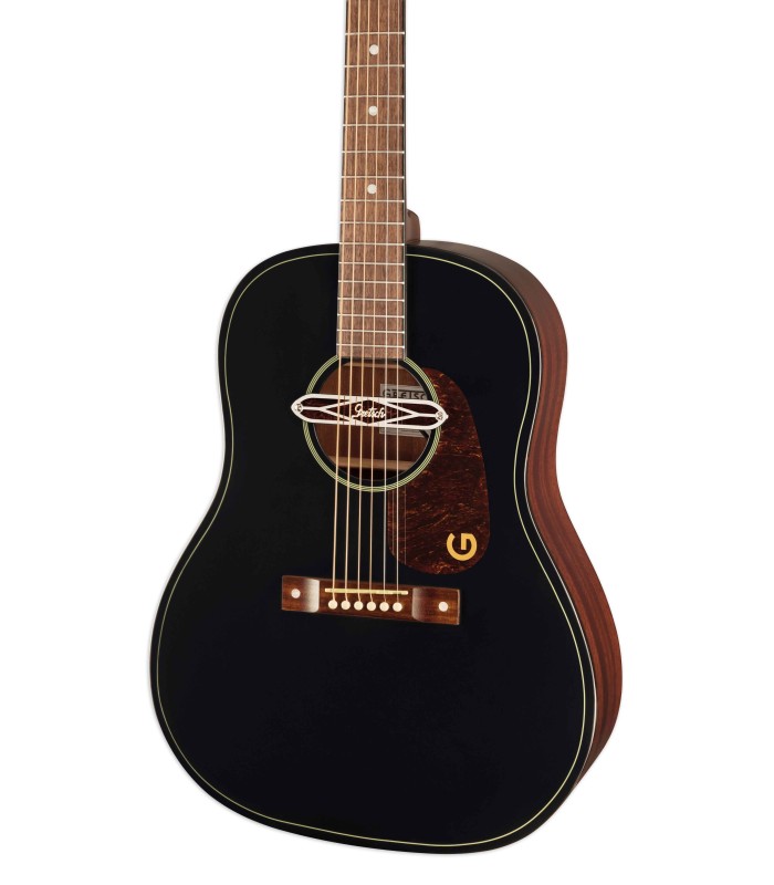 Sapele top in black color with pickup of the electroacoustic guitar Gretsch model Jim Dandy Deltoluxe Dread Black Top