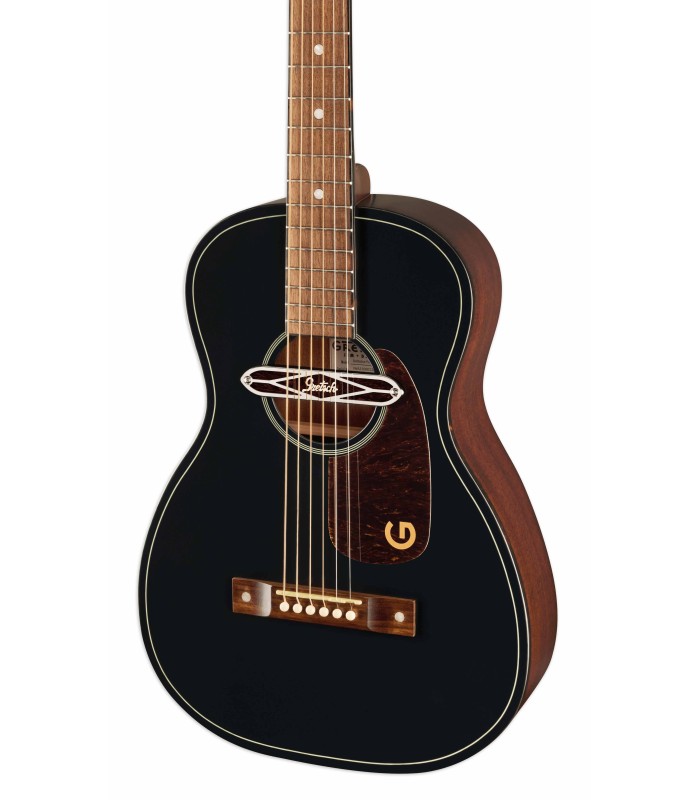 Sapele top and soundhole pickup of the electroacoustic guitar Gretsch model Jim Dandy Deltoluxe Parlor