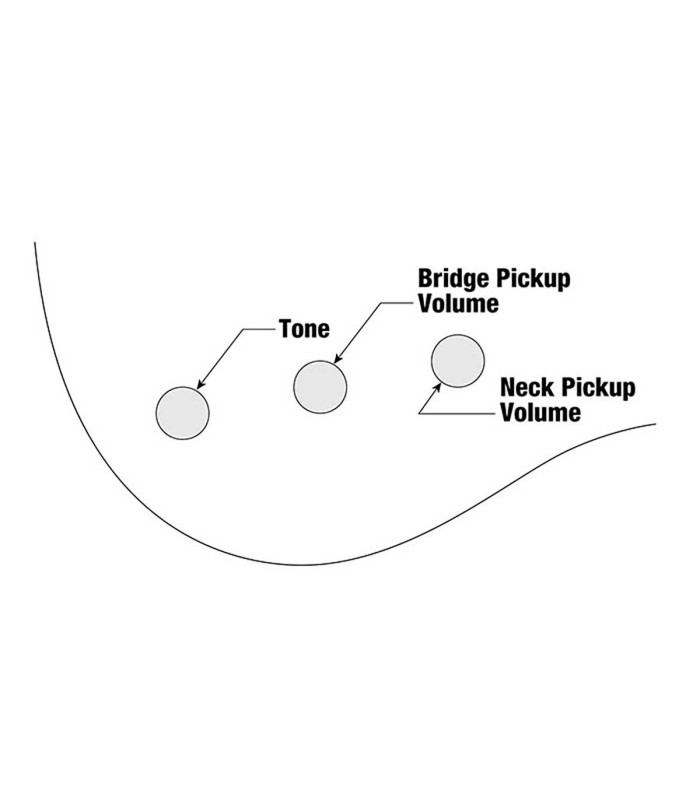 Infografia dos controlos da guitarra baixo Ibanez modelo GSR180 LBF