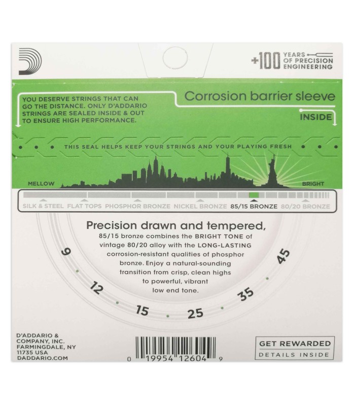 Package backcover of the string set DAddario model EZ890 Bronze