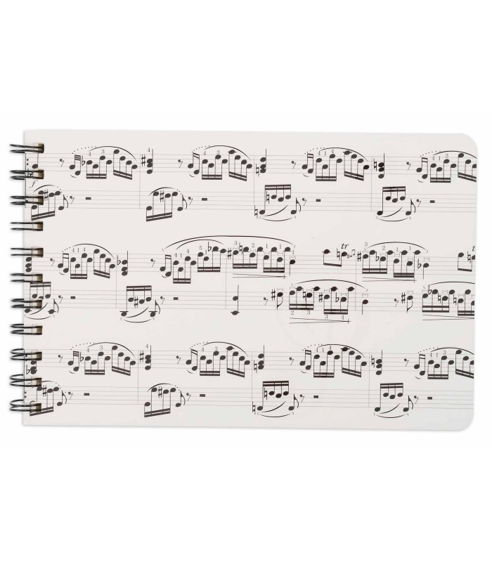 Capa branca com notação musical em preto do caderno pautado Agifty modelo N 1031 de 6 pautas baixo
